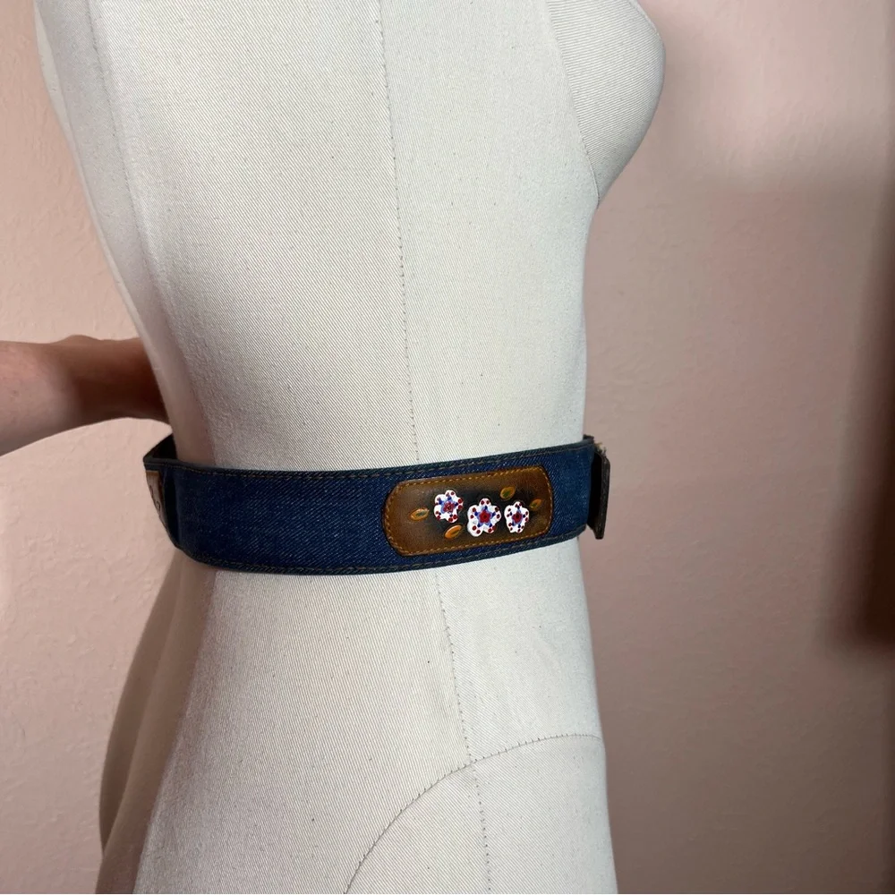 Vintage 1970 Hickok mod floral tooled Leather Denim Western Belt Festival sz 30